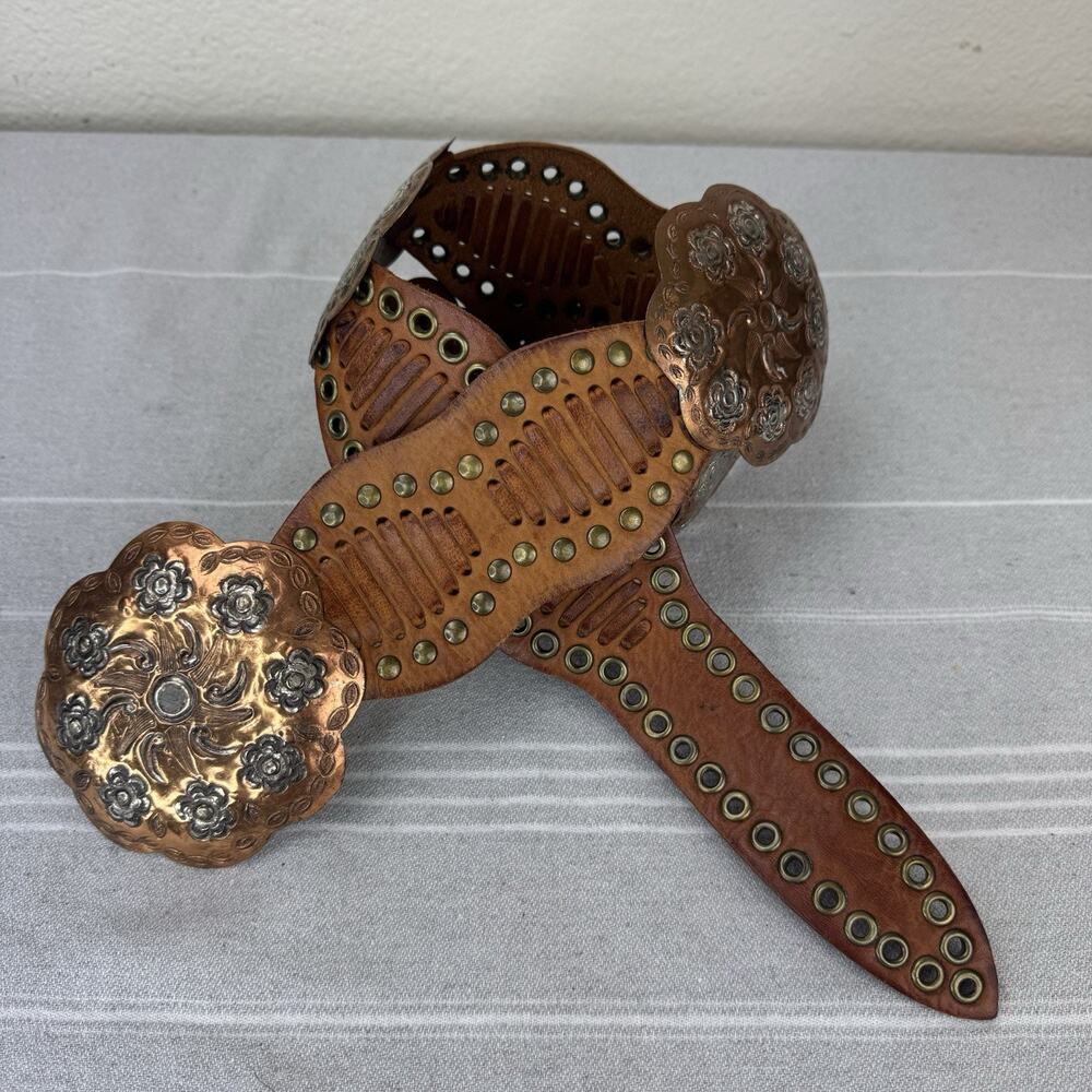Chico's Brown Leather Belt with Antique Gold Floral Buckles